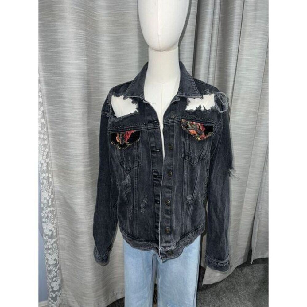 Free People distressed embroidered‎ black denim jacket with studs